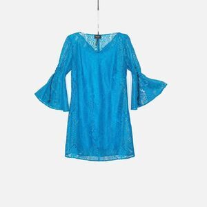 Laundry Shelli Segal Dress sz 8 Bright Blue Floral Lace Overlay 3/4 Sleeve Shift